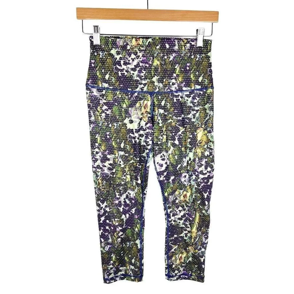Lululemon High Rise Wunder Under Crop II Roll Down Floral Iris Print size 4